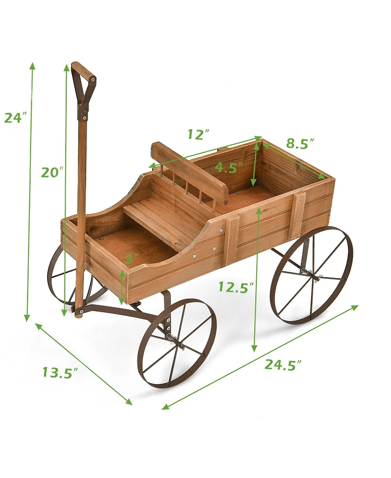 Gymax Garden Plant Planter Wooden Wagon W/ Wheel Yard