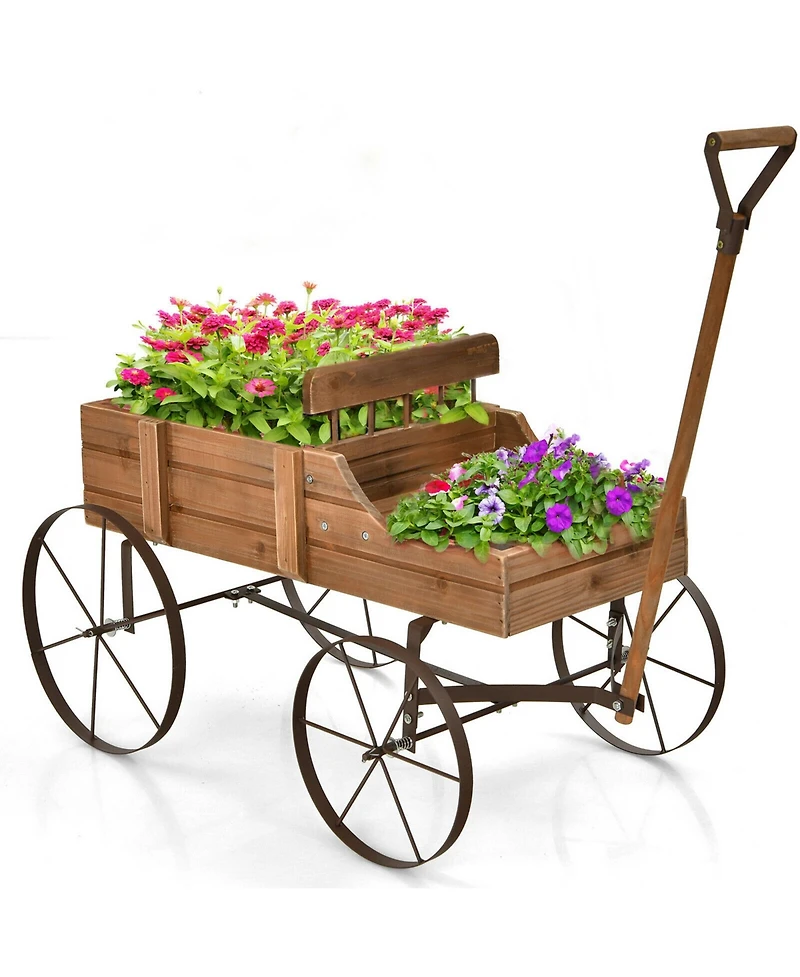 Gymax Garden Plant Planter Wooden Wagon W/ Wheel Yard