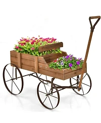 Gymax Garden Plant Planter Wooden Wagon W/ Wheel Yard