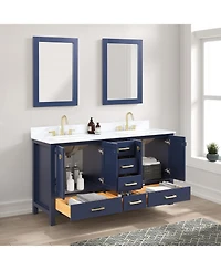Vanirror Geneva 60-Inch Double Bathroom Vanity in Navy Blue – Solid Wood Cabinet with Marble Countertop and Ceramic Undermount Sink