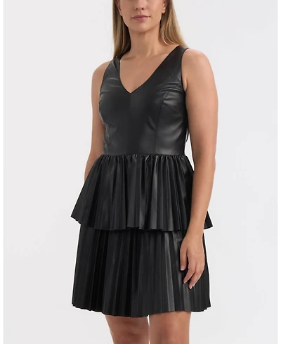 Ellen Tracy Women's Tiered Pleated Faux Leather Dress