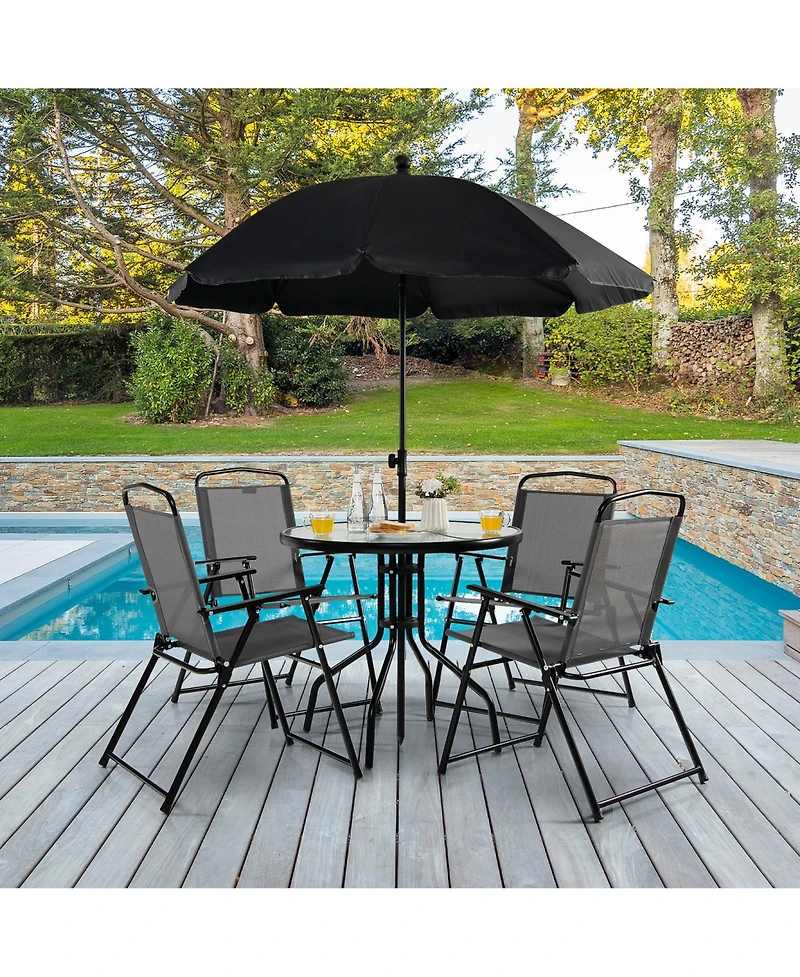 Gymax 6PCS Patio Garden Dining Set w/ Round Table & 4 Folding Chairs & Umbrella