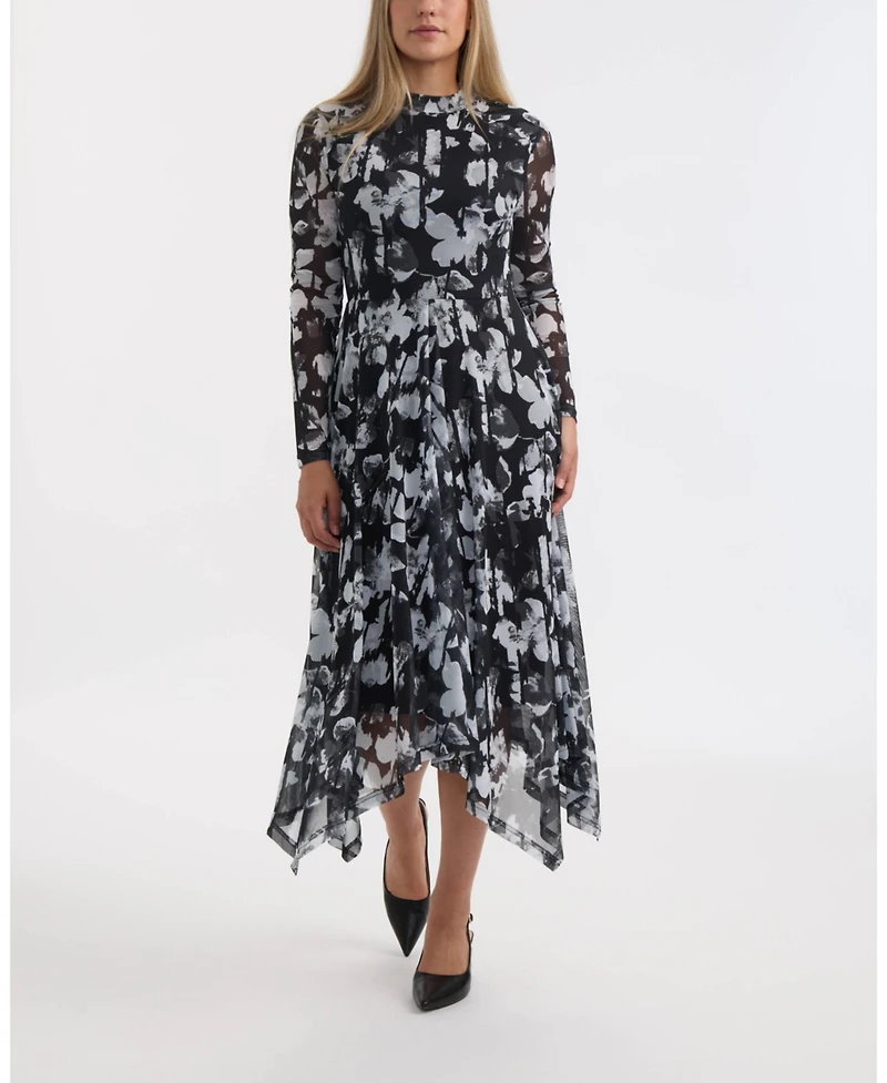 Ellen Tracy Women's Printed Mesh Dress with Handkerchief Hem