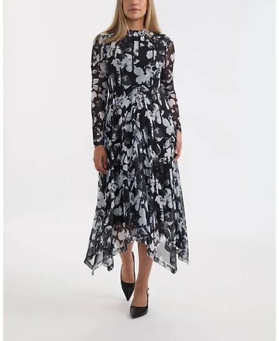 Ellen Tracy Women's Printed Mesh Dress with Handkerchief Hem