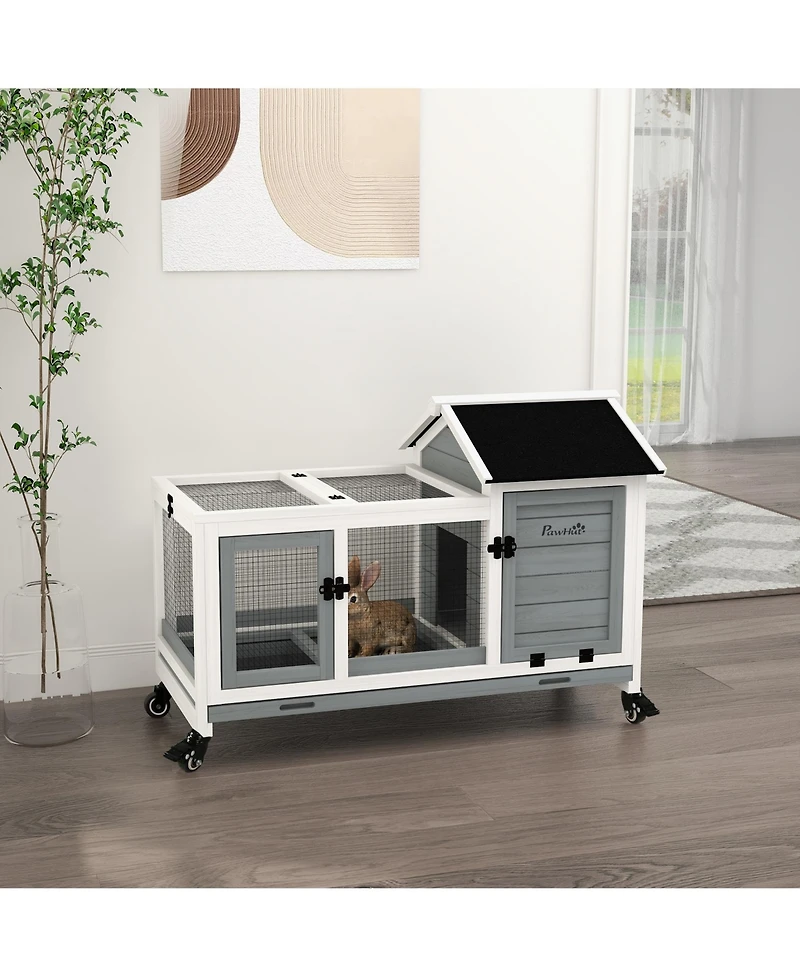 PawHut Wooden Rabbit Hutch with Wheels for Small Animals, Guinea Pig,