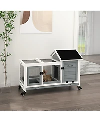 PawHut Wooden Rabbit Hutch with Wheels for Small Animals, Guinea Pig,
