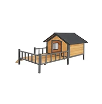 Aostirmotor 67 in. Wooden Dog House Dog Kennel with All-Around Iron Frame and Porch in Natural