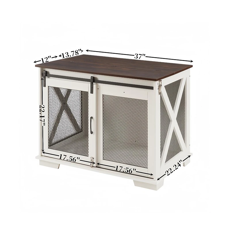 Aostirmotor White Farmhouse Dog Kennel End Table with Barn Door Flip Top and Divider