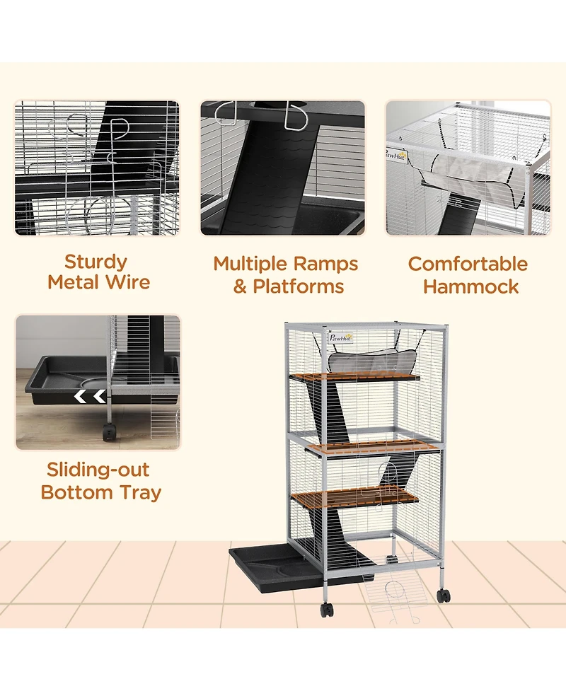 PawHut 4-Tier Small Animal Cage, Ferret Cage Large Chinchilla Cage,
