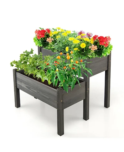 Gymax 2 Tier Wooden Raised Garden Bed Elevated Planter Box w/Legs Drain Holes