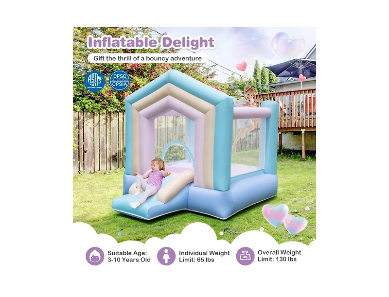 Akiudex Pastel Inflatable Bounce House with Slide and Basketball Hoop for Kids, 480W Blower Included
