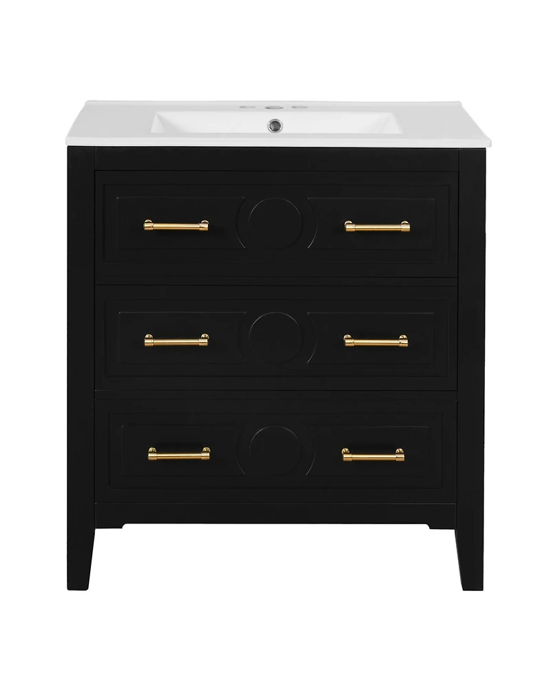 Casainc 30" Freestanding Vanity With Ceramic Sink Combo and 3 Drawers, Solid Wood Frame