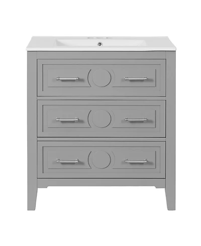 Casainc 30" Freestanding Vanity With Ceramic Sink Combo and 3 Drawers, Solid Wood Frame