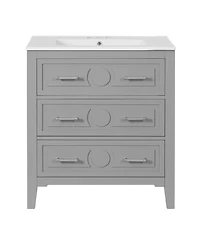 Casainc 30" Freestanding Vanity With Ceramic Sink Combo and 3 Drawers, Solid Wood Frame