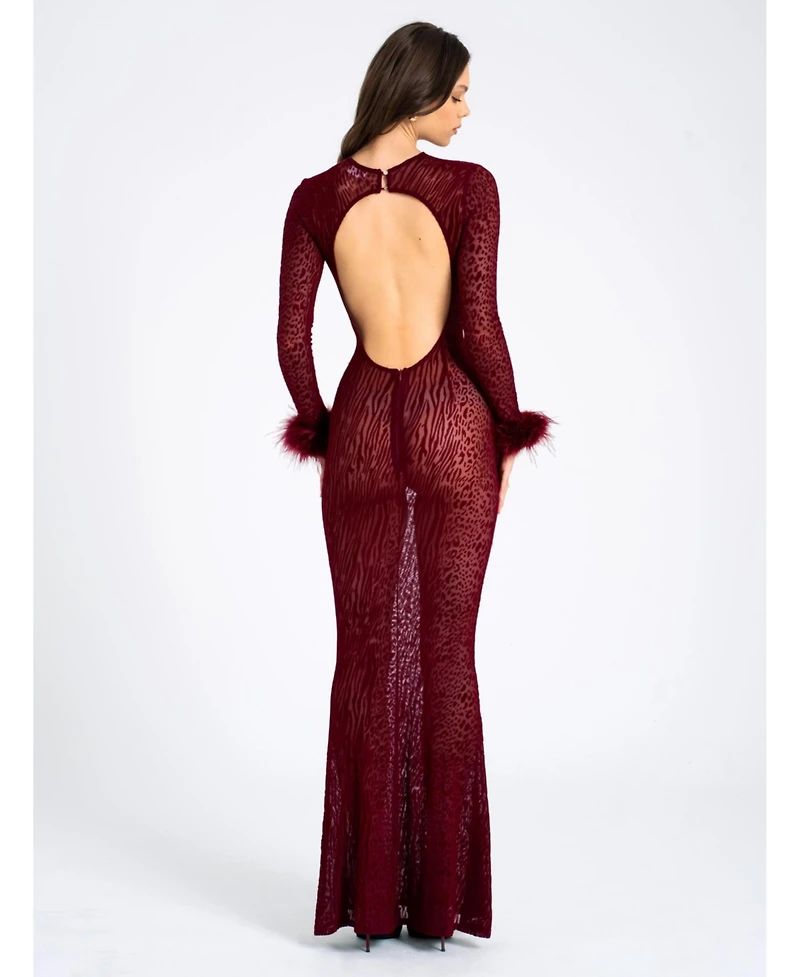 Miss Circle Women's Patricia Burgundy Leopard Burnout Velvet Mesh Backless Maxi Dress