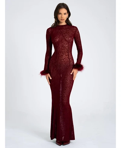 Miss Circle Women's Patricia Burgundy Leopard Burnout Velvet Mesh Backless Maxi Dress