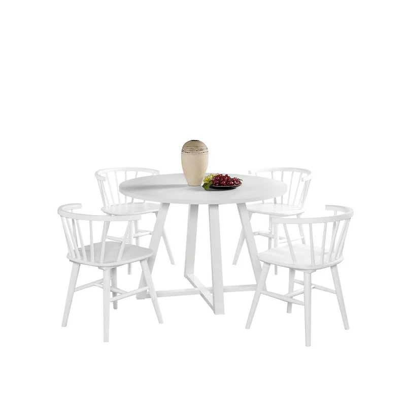 Roundhill Furniture Edo White Wood 5-Pc Dining Set, Trestle Dining Table with 4 Windsor Chairs