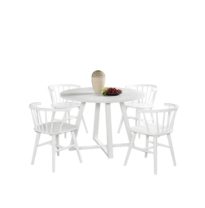 Roundhill Furniture Edo White Wood 5-Pc Dining Set, Trestle Dining Table with 4 Windsor Chairs