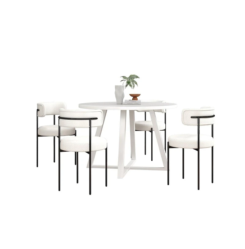 Roundhill Furniture Durban 5-Pc Round Dining Set, Trestle Dining Table with 4 Boucle Chairs