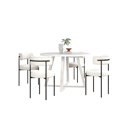 Roundhill Furniture Durban 5-Pc Round Dining Set, Trestle Dining Table with 4 Boucle Chairs