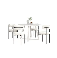 Roundhill Furniture Durban 5-Pc Round Dining Set, Trestle Dining Table with 4 Boucle Chairs