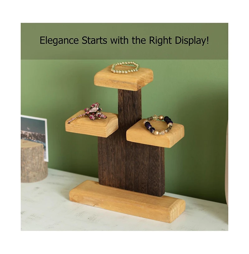 Vintiquewise 3-Tier Wooden Tabletop Jewelry Display Stand Rustic Organizer for Necklace Bracelet Watch Bangle Ring & Earring with a Sturdy Natural Woo