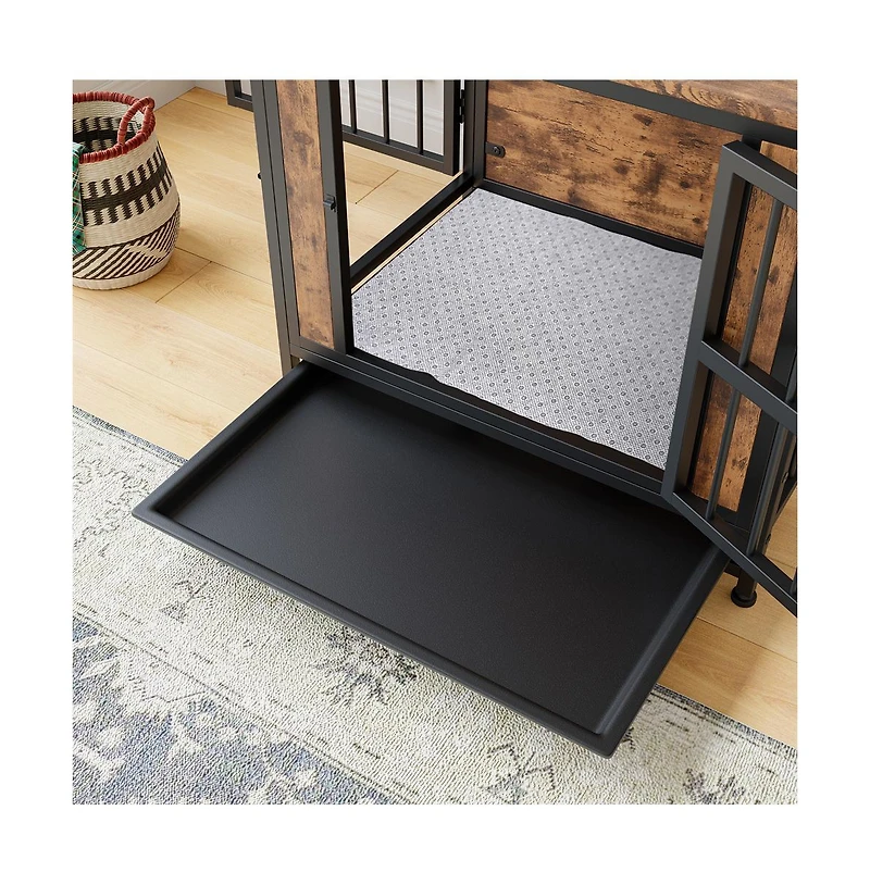 Aostirmotor 27.48'' Rustic Brown Wooden Dog Crate Table Sliding Doors Thick Iron Frame Indoor
