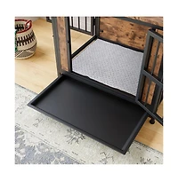 Aostirmotor 27.48'' Rustic Brown Wooden Dog Crate Table Sliding Doors Thick Iron Frame Indoor