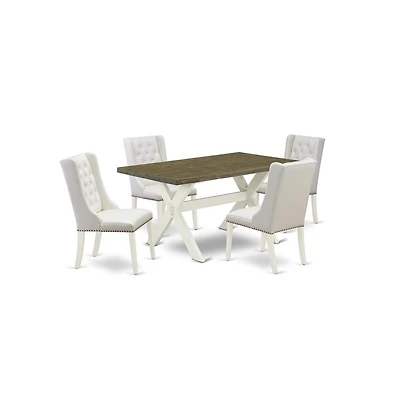 East West Furniture 5-Piece Dining Table Set Consists of 4 White Pu Leather Dining Chairs with Nailheads and Distressed Jacobean Wooden Table