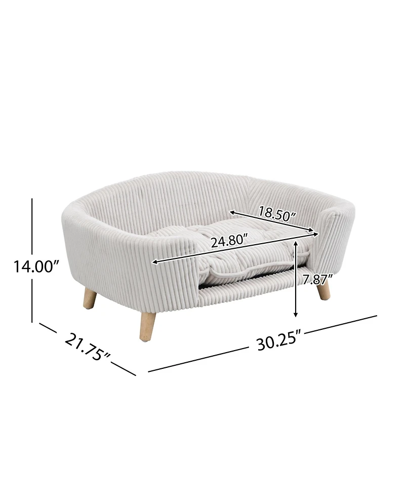 Beige Luxury Elevated Dog Bed Corduroy Pet Couch with Rubber Wood Legs for Small Dogs Easy Assembly