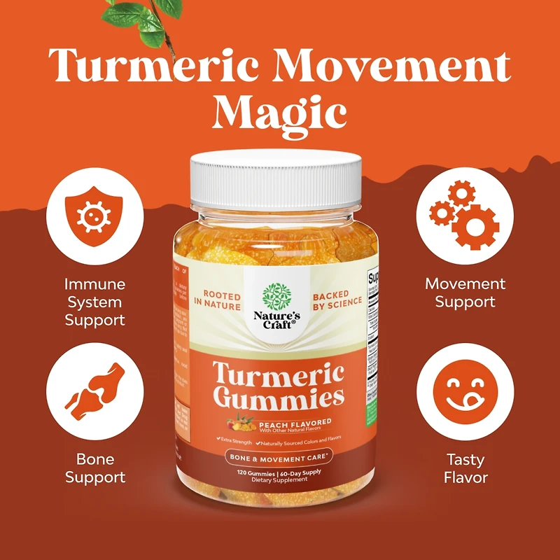 Nature's Craft Turmeric Gummies, Extra Strength Joint Support Gummies with Turmeric Curcumin with Black Pepper Extract and Ginger, Nature's Craft, 120