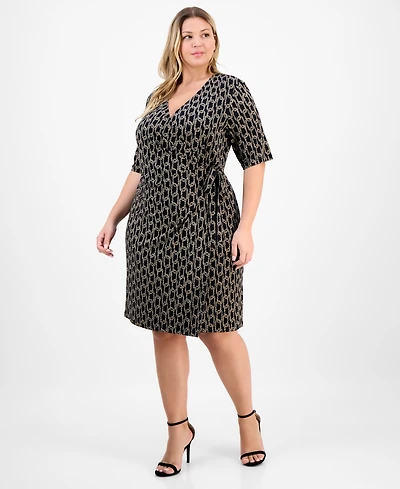 Connected Plus Elbow-Sleeve Wrap Side-Tie Jersey Dress