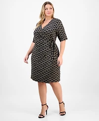 Connected Plus Elbow-Sleeve Wrap Side-Tie Jersey Dress