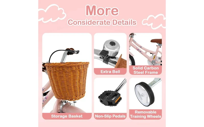14 Inch Kids Retro Bike with Adjustable Height and Basket for Ages 3-5