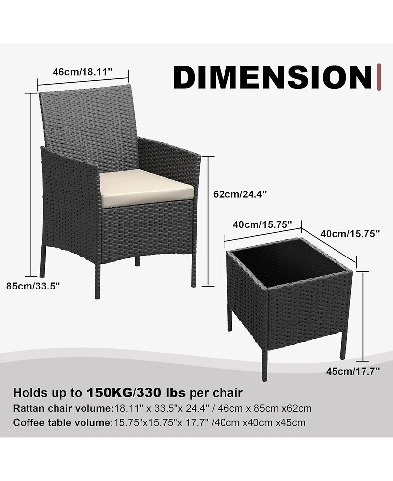 Gaomon 3 Piece Black Pe Rattan Patio Conversation Set with 2 Chairs & Coffee Table, Outdoor Furniture for Patio, Porch, Balcony