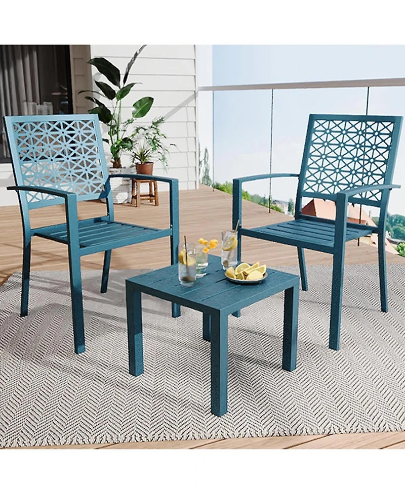 Gaomon 3 Pcs Blue Patio Bistro Set, Outdoor Stackable Steel Chairs & Square Coffee Table for Balcony, Porch, Garden, Lawn