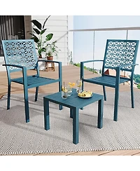 Gaomon 3 Pcs Blue Patio Bistro Set, Outdoor Stackable Steel Chairs & Square Coffee Table for Balcony, Porch, Garden, Lawn
