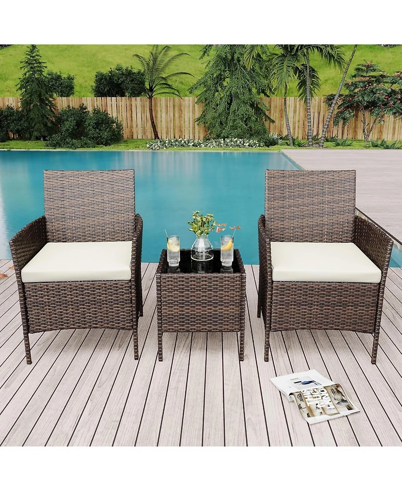 gaomon 3 Pieces Brown/Beige Rattan Patio Furniture Set with Upholstered Chairs & Coffee Table for Garden, Backyard & Porch