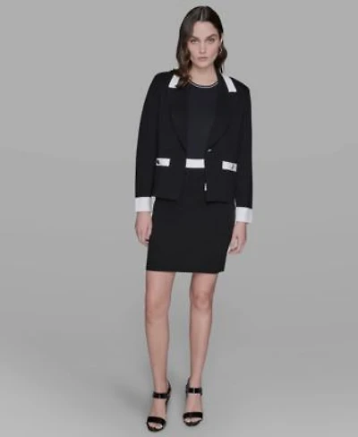 Karl Lagerfeld Paris Womens Cotton Colorblocked Pencil Skirt Embellished Pleated Top Cotton One Button Knit Blazer