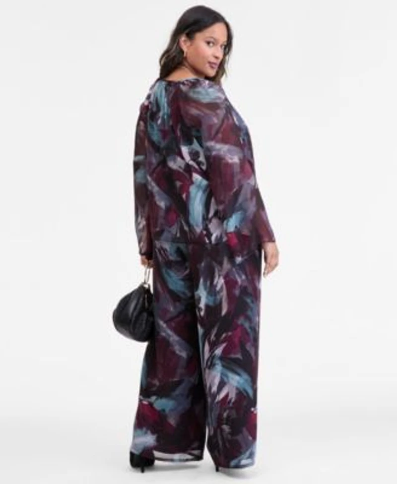 I.N.C. International Concepts Plus Size Printed Long Sleeve Tie Front Blouse High Rise Wide Leg Crinkle Pants Macys Exclusive