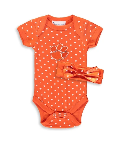 Two Feet Ahead Baby Boys and Girls Orange Clemson Tigers Hearts Bodysuit and Headband Set