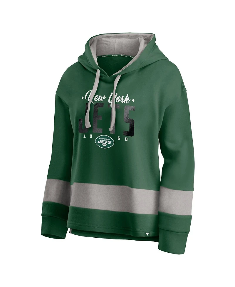 Fanatics Women's Green/Gray New York Jets Huddle Up Fundamental Fleece Color Block Pullover Hoodie