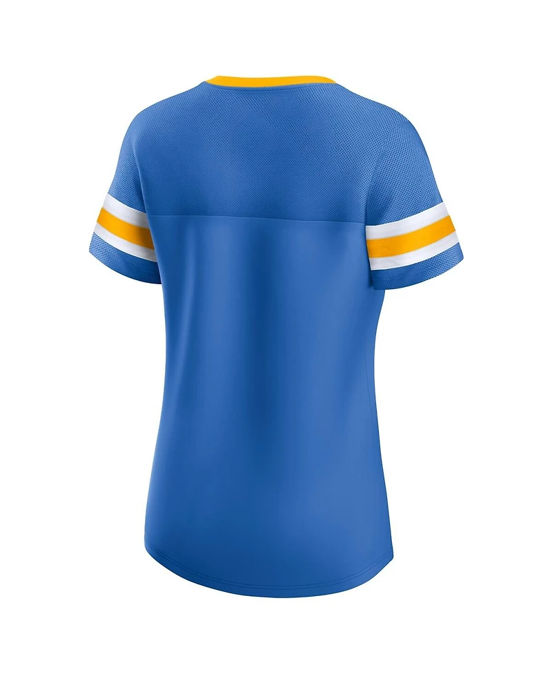 Fanatics Women's Powder Blue Los Angeles Chargers True Catch Iconic Rhinestone Bling Athena Lace-Up T-Shirt