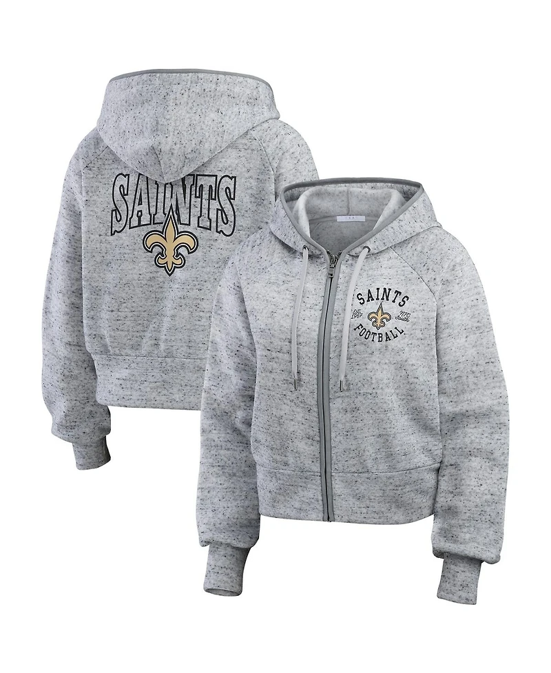 Wear by Erin Andrews Women's Heather Gray New Orleans Saints Speckled Fleece Cropped Full-Zip Hoodie