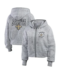 Wear by Erin Andrews Women's Heather Gray New Orleans Saints Speckled Fleece Cropped Full-Zip Hoodie