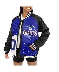 Gameday Couture Women's Black/Royal New York Giants Oversized Hot Shot Rhinestone Throwback Full-Snap Varsity Bomber Jacket