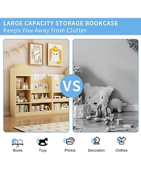 Jujabu Light Brown Wood Kids Bookshelf Toy Storage Organizer with Bookcase for Books, Toys