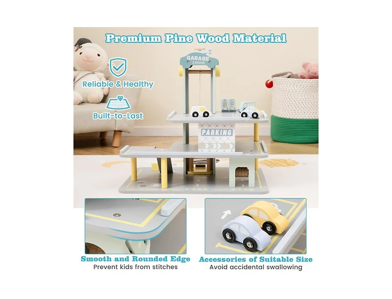 Akiudex 3-Layer Wooden Parking Garage Playset with Cars and Helicopter
