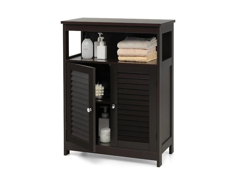 Slickblue Farmhouse Bathroom Linen Cabinet with Louvered Doors and Open Storage Shelf