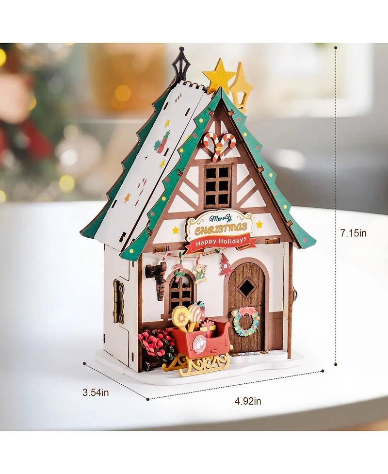 Robotime 3D Puzzles Miniature Dollhouse Kits for Adults,Mini House Toy Building Kit, Twinkling Christmas House, Multicolor, 9.06"7.56"2.17